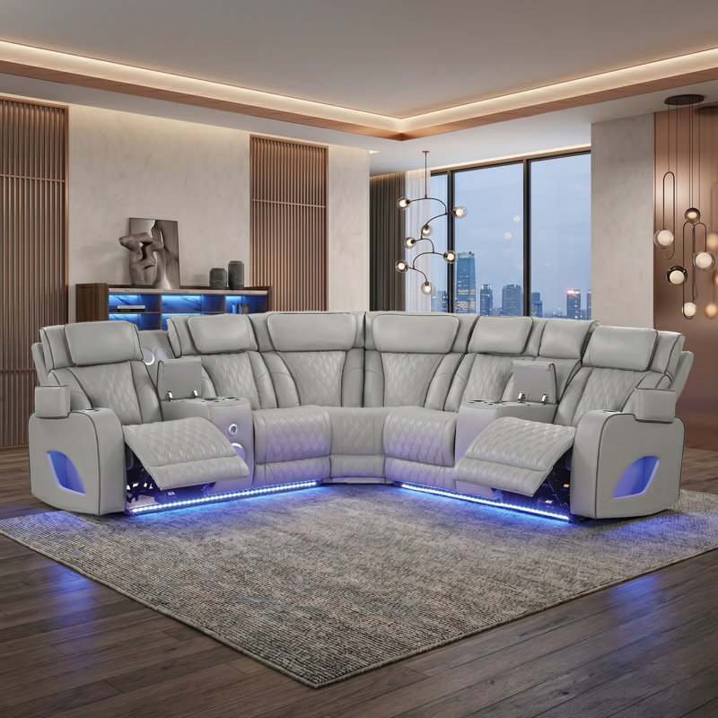 Featherstone Power Reclining Massager Sectional With LED & Bluetooth speaker, Gray