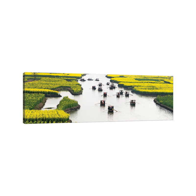 Rowing Boat On River Through Thousand-Islet Canola Flower Fields, Xinghua, Jiangsu Province, China by Keren Su - Wrapped Canvas Panoramic Print