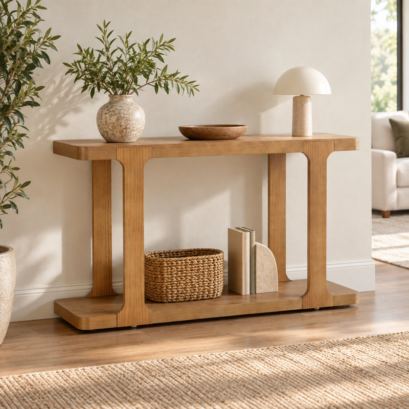 Console moderne en placage de pin aux bords arrondis, avec étagère ouverte et pieds en bois massif, idéale pour un hall d'entrée, un salon, un corridor ou un dossier de canapé.