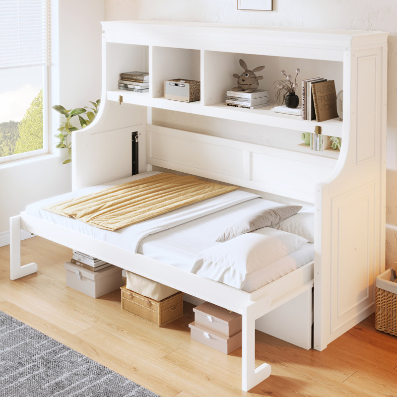Lit escamotable simple avec bureau rabattable et tablettes de rangement, lit mural peu encombrant pour bureau à domicile et chambre d'amis, blanc