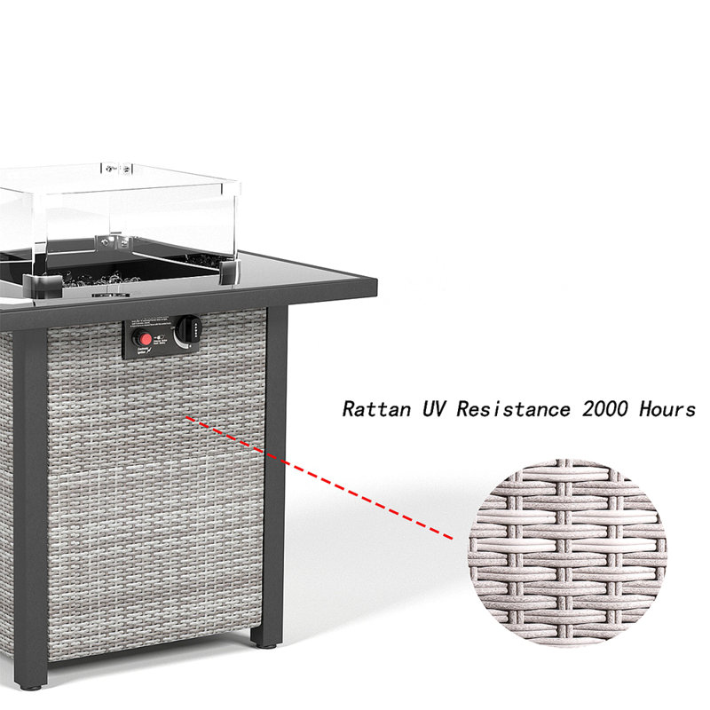 Table de foyer d'extérieur au propane 28 pouces, aspect rotin et osier, 50000 BTU, foyer de table au gaz en verre trempé avec pare-brise en verre pour l'extérieur du patio et du jardin (gris et blanc)