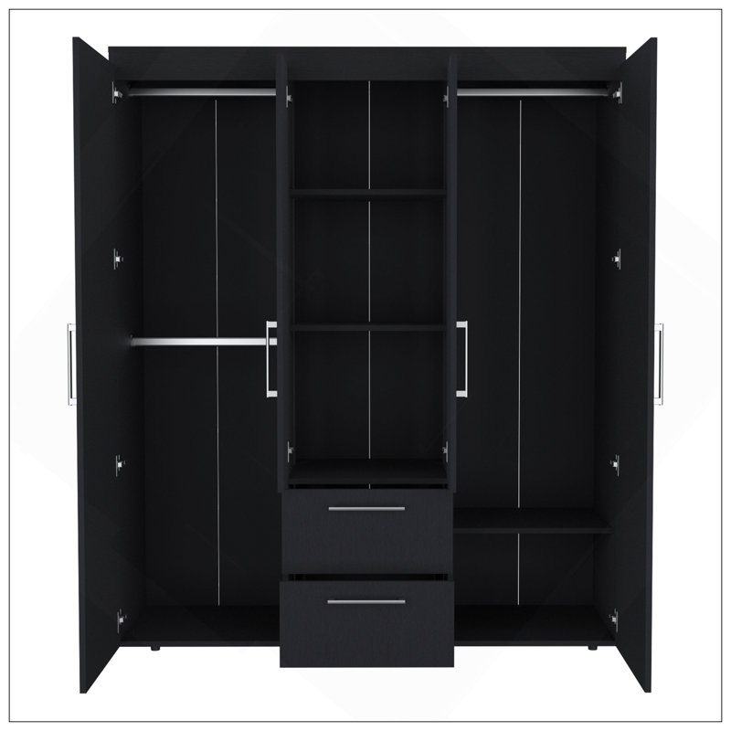 Garde-robe, armoire de luxe avec plusieurs options de rangement et détails métalliques, noir, Noir