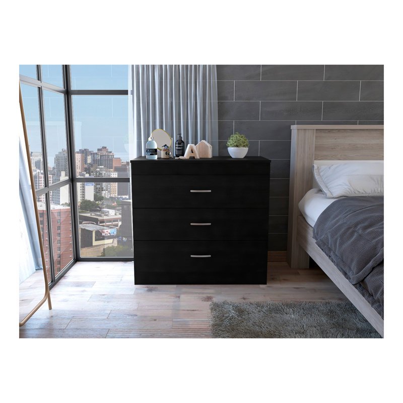 Commode à trois tiroirs Melia, plateau supérieur, quincaillerie en métal - noir, Noir