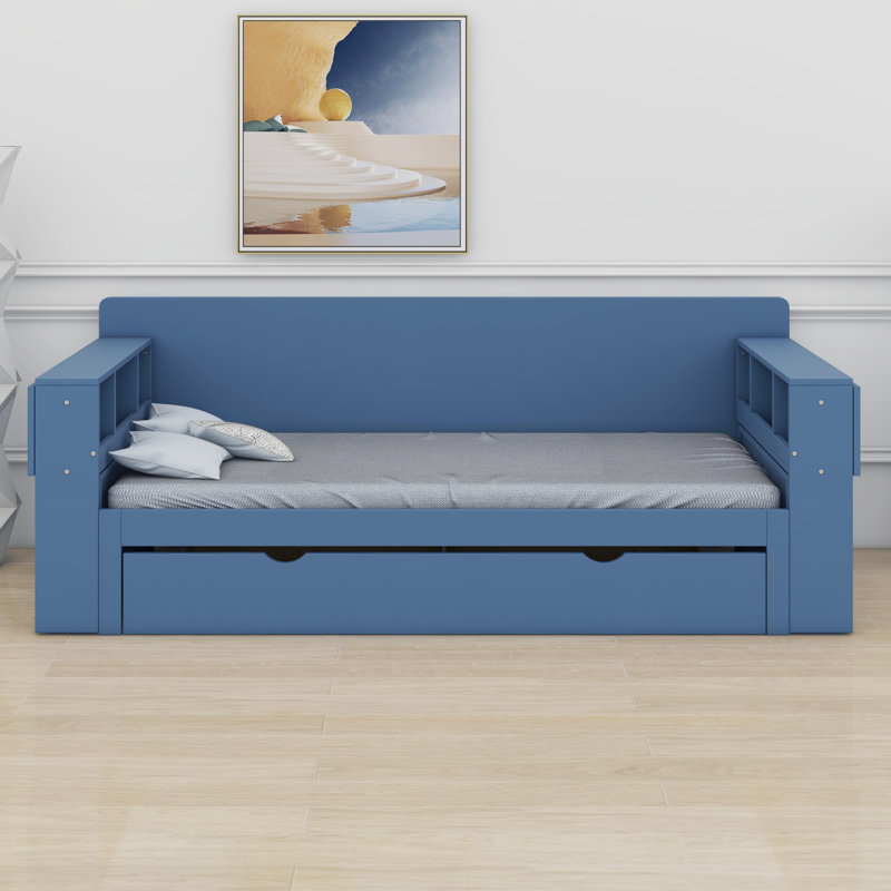 Lit de jour avec bureau amovible, tiroirs de rangement et table d'appoint hydraulique, Grand, Bleu