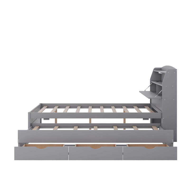 Lit plateforme double en bois avec tiroirs, tête de lit et lit gigogne, Gris