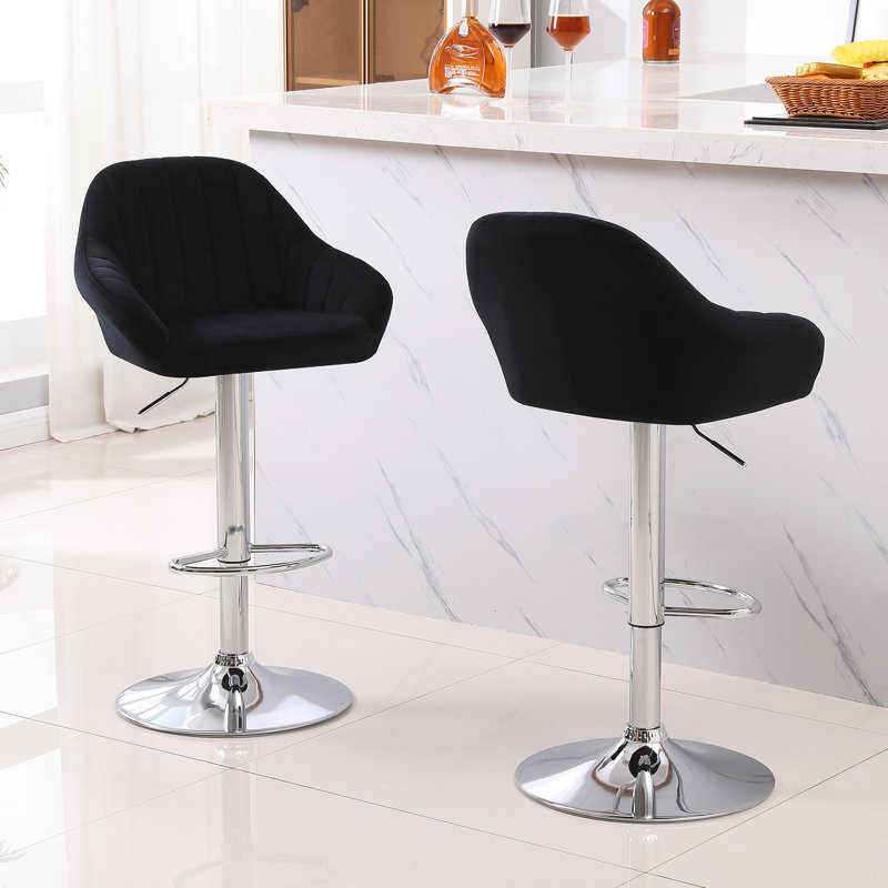 Swivel Upholstered Velvet Adjustable Height Bar Stool, Black