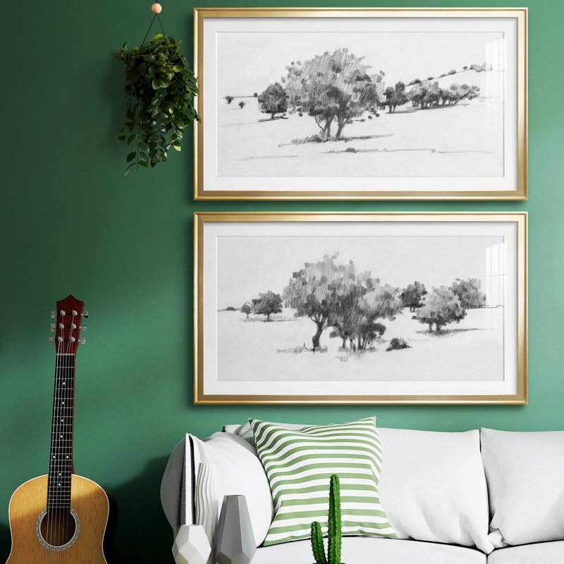 Treeline Sketch I - reproduction encadrée de qualité supérieure - prête à être accrochée, H 10,5 po x l 18,5 po x P 1 po, Or