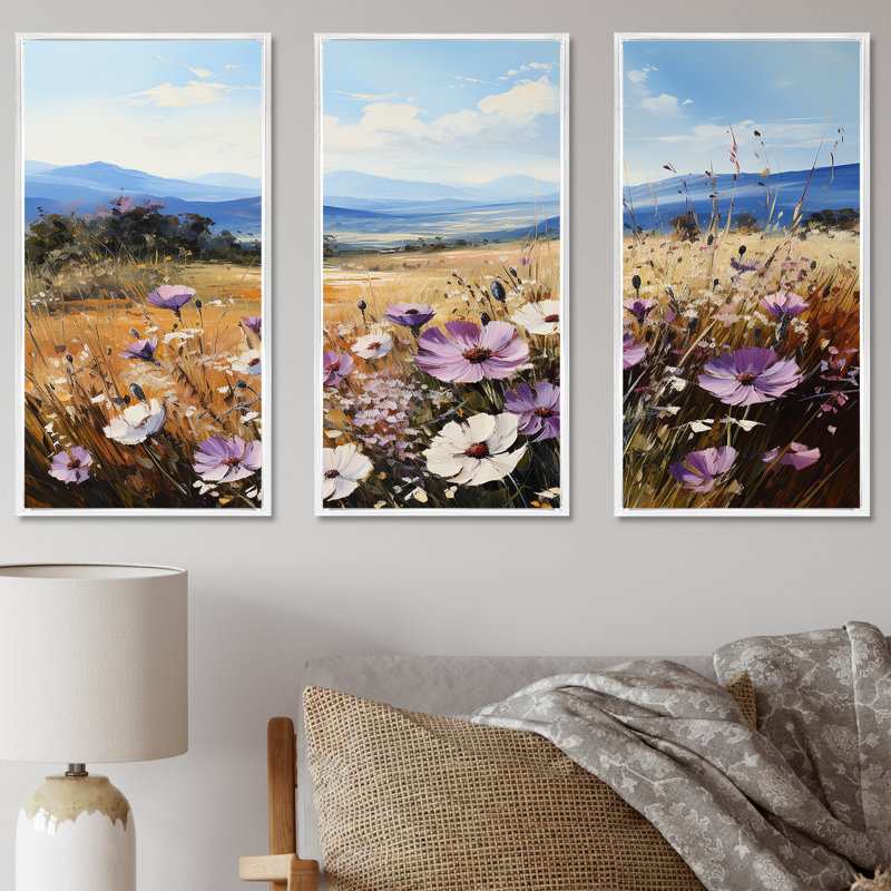 Mauve bleuet dans un paysage de montagne I - ensemble d'art mural sur toile fleurs, Cadre flottant blanc