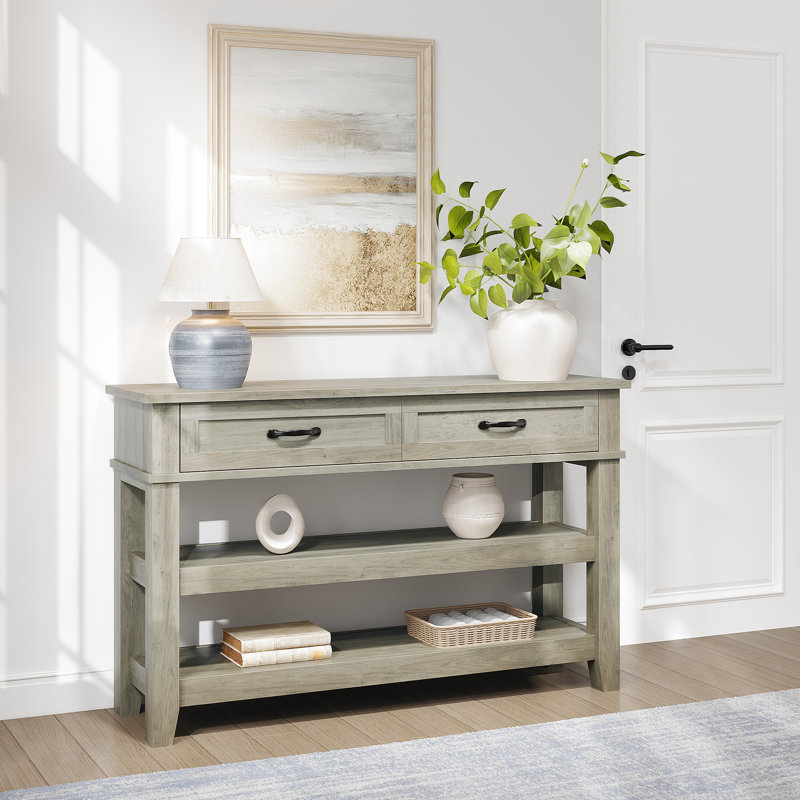 Farmhouse Console Table with 2 Drawers and 3-Tier Shelves, Grey Wooden Entryway Table