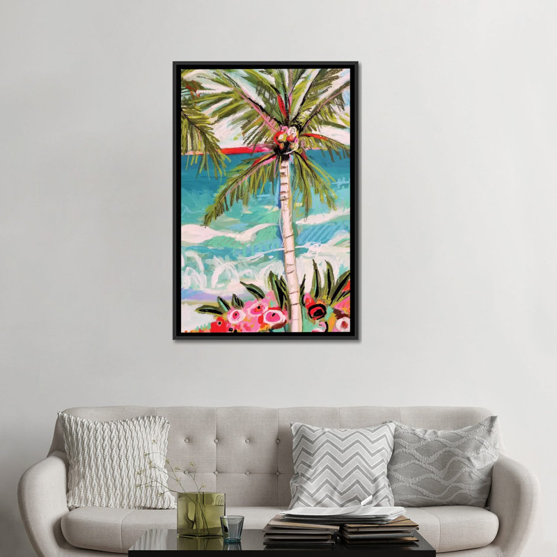 «Palm Tree Whimsy II», impression sur toile, Toile avec cadre noir, H 48 po x l 32 po x P 1,5 po, Pas de tapis