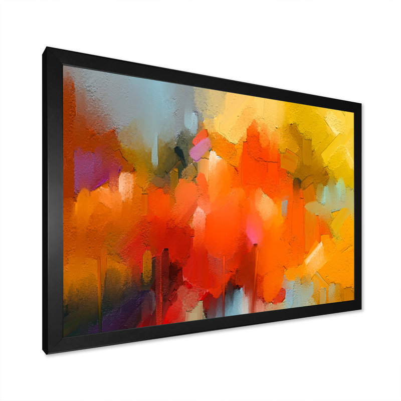 Paint Brush Orange And Yellow Waves Impression - Floater Frame Print on Canvas, Black Picture Framed, 8" H x 12" W x 1" D
