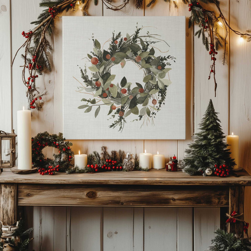 Impression sur toile « Couronne de Noël aux baies II » (40,6 cm x 40,6 cm) dans un cadre blanc, Toile tendue