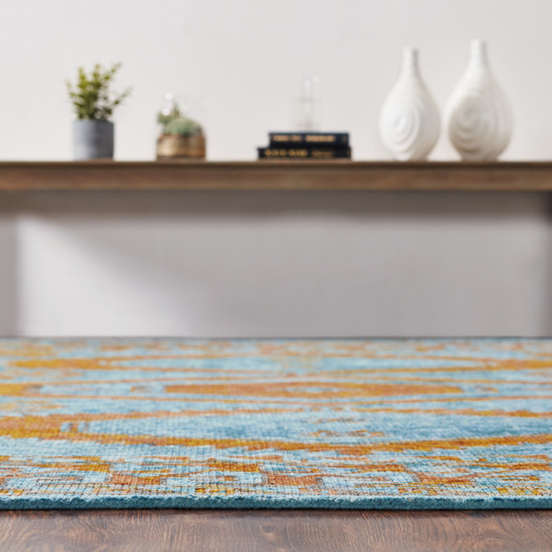 Tribal Elegance Orange/Rust/Grey Hand-Knotted Wool Area Rug, Rectangle 12' x 15', Blue