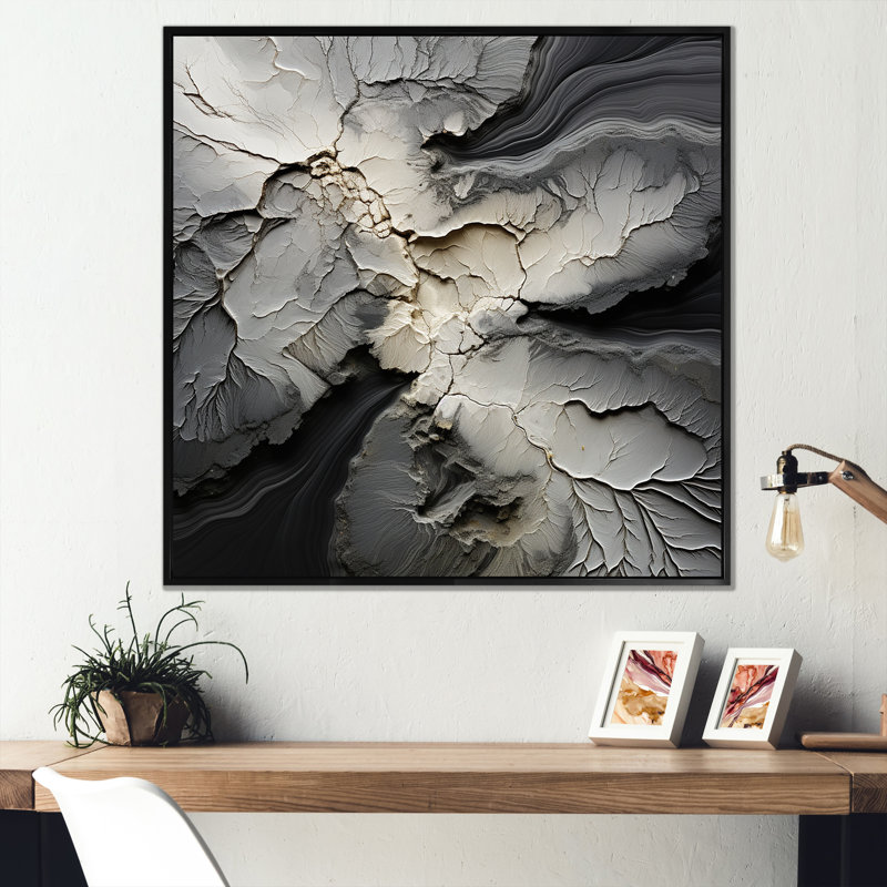 Geode de pierre grise brisée, minimalisme encadré sur toile, H 16 po x l 16 po x P 1 po, Cadre flottant noir
