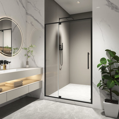 74"H Shower Door, 44 - 48"W Pivot, 5/16" Tempered Glass, Matte Black, Open Outside At 105 Degrees, Fast Setup, 4 Inch Adjustment, 304 Stainless Steel Hinges, Leakage, Magnetic Seal, Soft Close