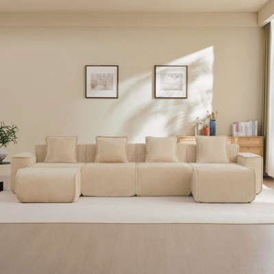 Modular 4 Seat U Shape Sectional Boneless Sofa With French Edge Piping, No Assembly Required,4-Seat Sofa Couch With Throw Pillows And 2 Movable Ottomans