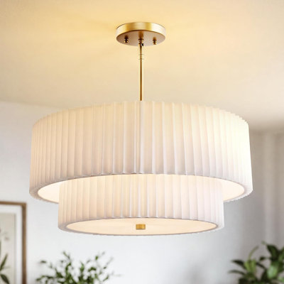 Lustre à tambour double de 45,7 cm (18 po), suspension dorée à 3 lumières avec abat-jour plissé double couche, lustre moderne pour salle à manger, cuisine, salon, chambre ou couloir