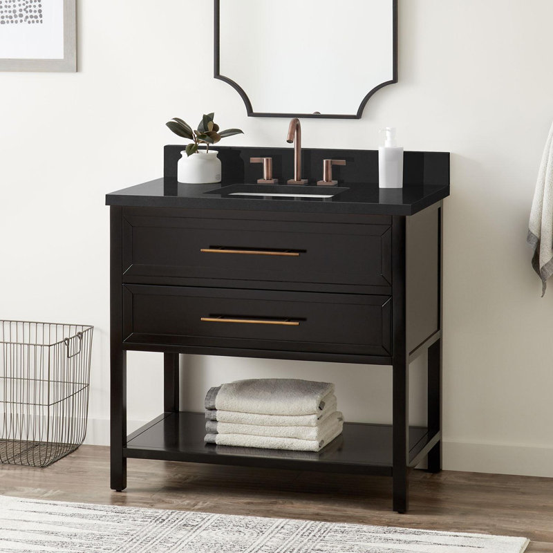 36" Robertson Single Bathroom Vanity Set with Rectangle Undermount Sink, Carrara Marble, 8" Widespread, Black