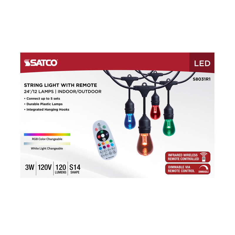 24 Foot LED String Light 12-S14 Lamps Medium Base RGBTW Infrared Remote Black 120V