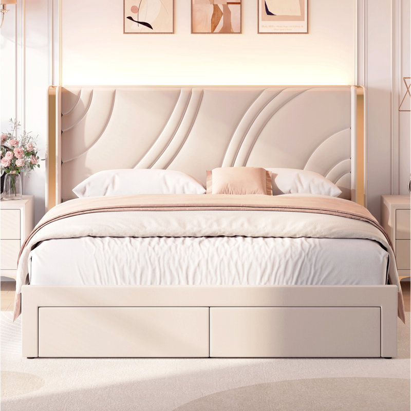 Structure de lit tapissier à DEL avec tiroirs de rangement et tête de lit à oreilles, Beige, Double