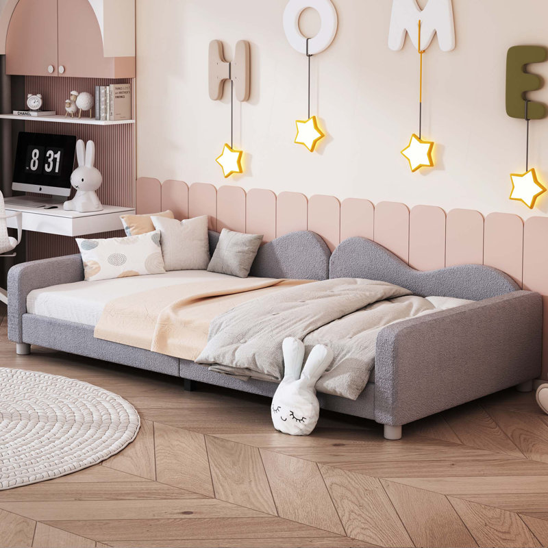 Lit de jour rembourré, canapé-lit en tissu sherpa avec dossier en forme de nuage, aucun sommier nécessaire, Lit simple, Gris