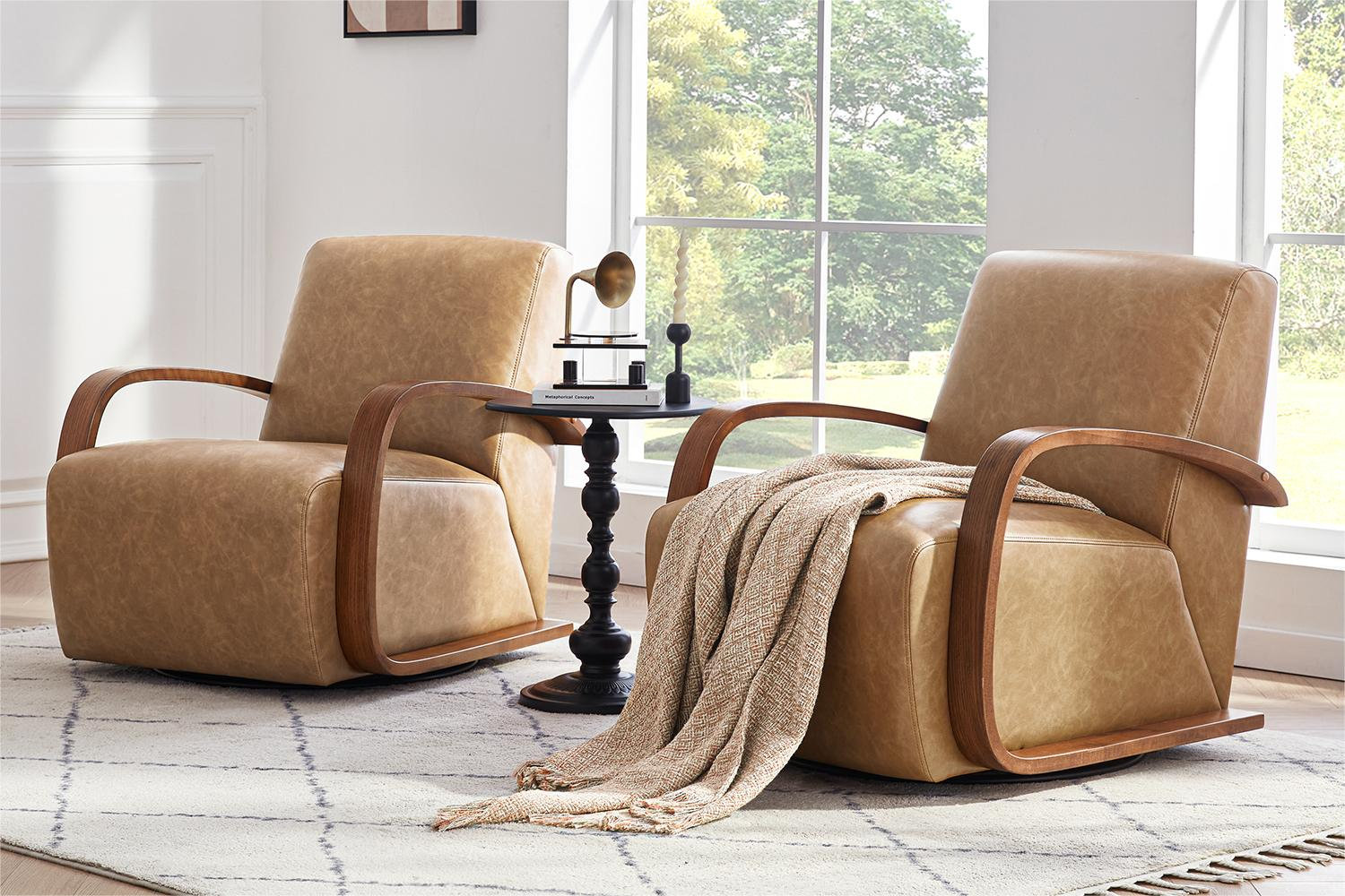 Oak Swivel Armchair, Hearth Walnut, Cognac Pebbled Vegan Leather