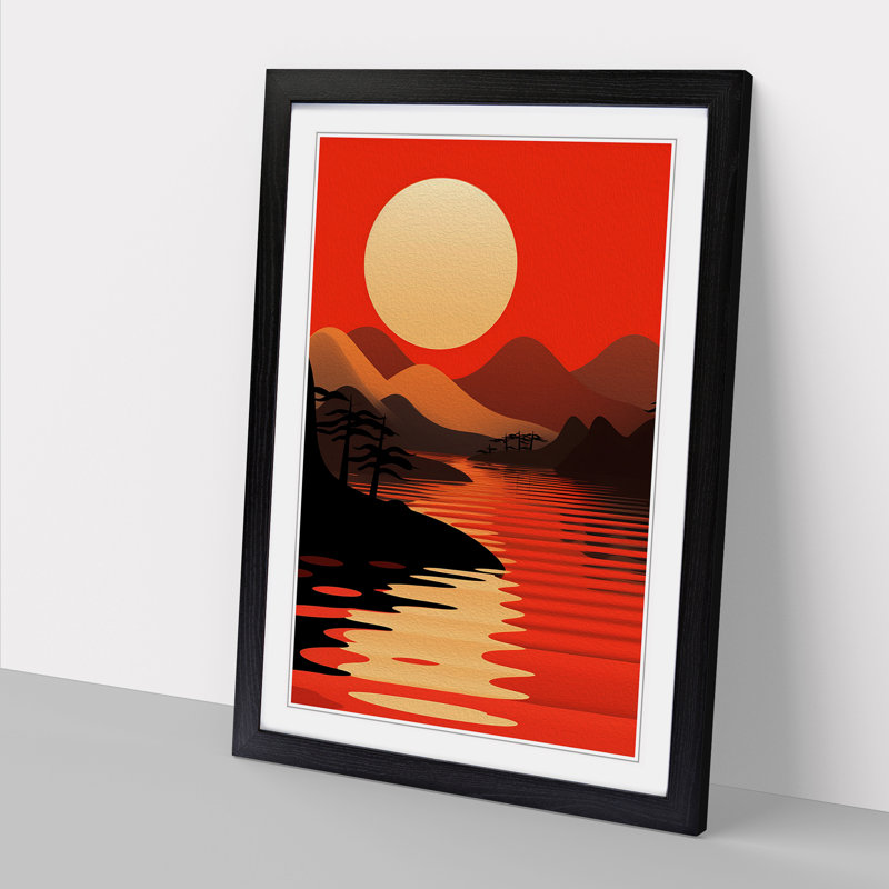Japanese Sunset Constructivism No.2 - Single Picture Frame Print on Wood, Black, 46cm H x 34cm W x 2cm D