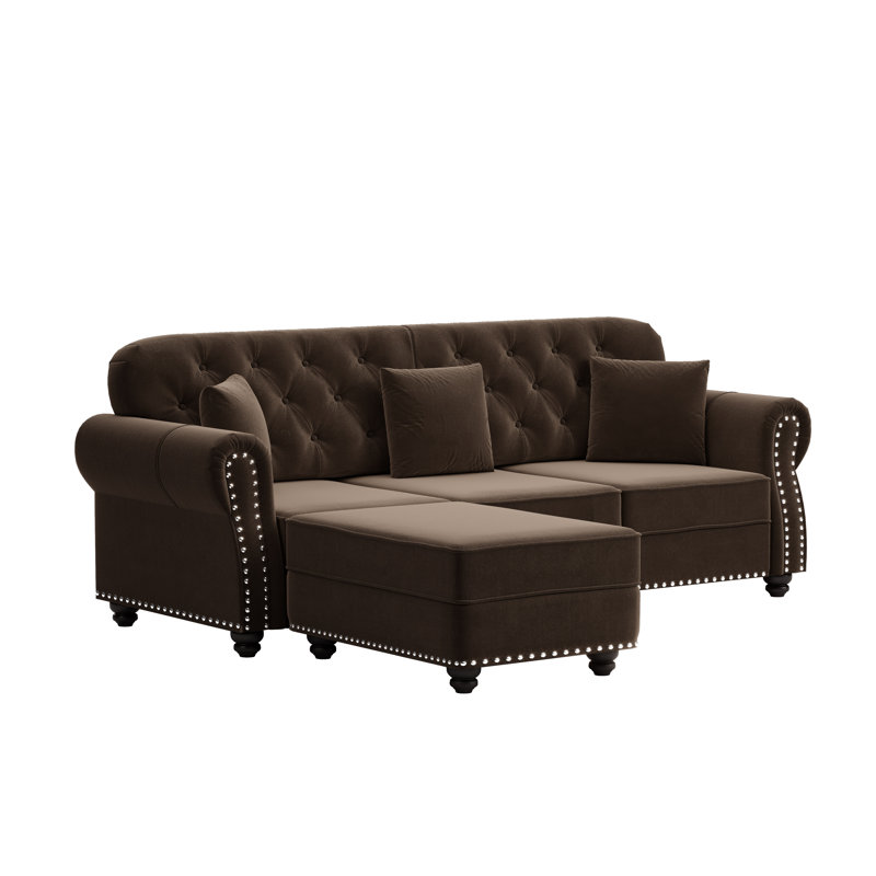 Canapé Chesterfield 82,6 po style Mid-Century moderne avec accoudoirs roulés et garniture cloutée, Brun