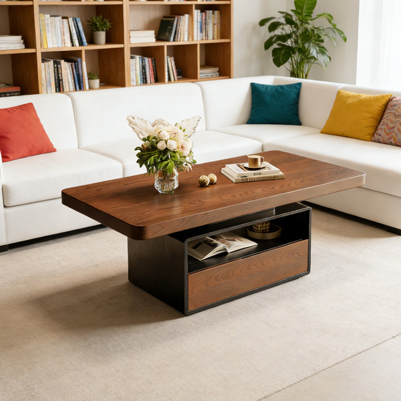 Table basse vintage avec tiroir, Brun, H 17,71 po x L 47,24 po x l 23,62 po, Noir / brun