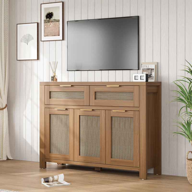 Rattan Buffet Cabinet, Boho Sideboard with 2 Drawers, Adjustable Shelf, High-Leg Storage Cabinet with Anti-Tip Hardware,for Kitchen,Dining Room,Entryway,Living Room, Light / Dark Oak