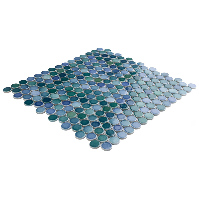 Hudson Penny Round Aquamarine 11-7/8" x 12-5/8" Porcelain Mosaic Tile