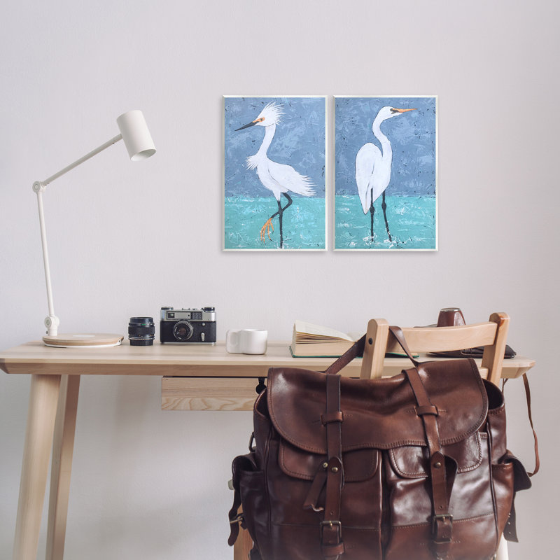«Snowy Egret Pond», ensemble de 2 plaques murales par Jade Reynolds, H 15 po x l 10 po