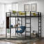 Lit mezzanine double en métal pleine grandeur avec 2 tablettes et bureau, noir-779697594