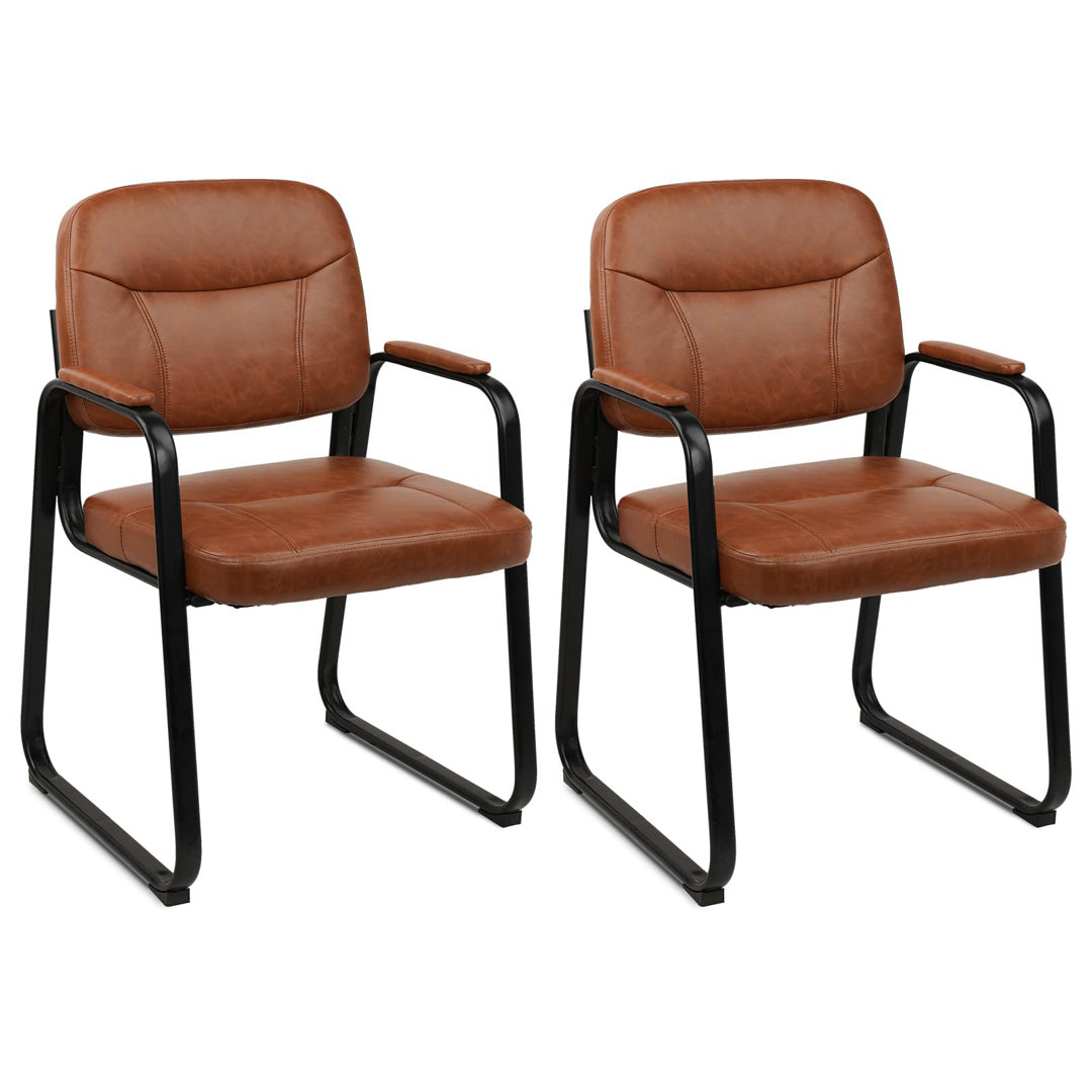  Waiting Room Reception Guest Chairs 23" W Brown Leather Seat Padded Armrest Sled Base Metal Frame (Set of 2) Inbox Zero