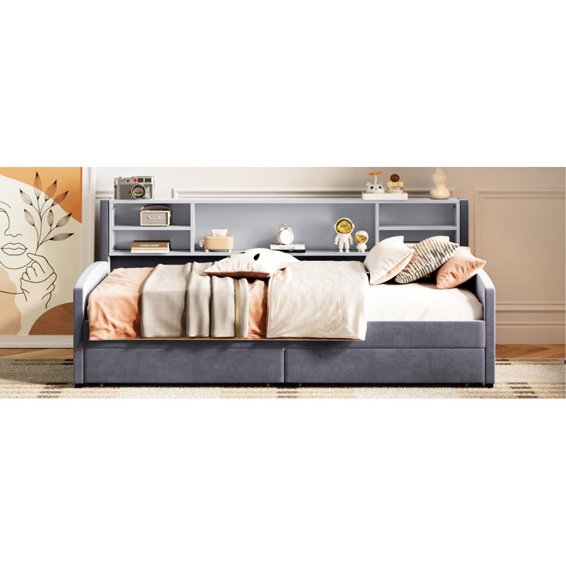 Lit plateforme tapissier simple gris - Revêtement en velours, nombreux espaces de rangement, avec, Gris