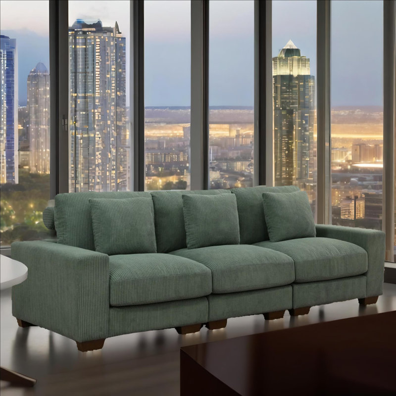 Zeno Green Corduroy Sectioanl 3-Piece Double Armrests Sofa Set, Green