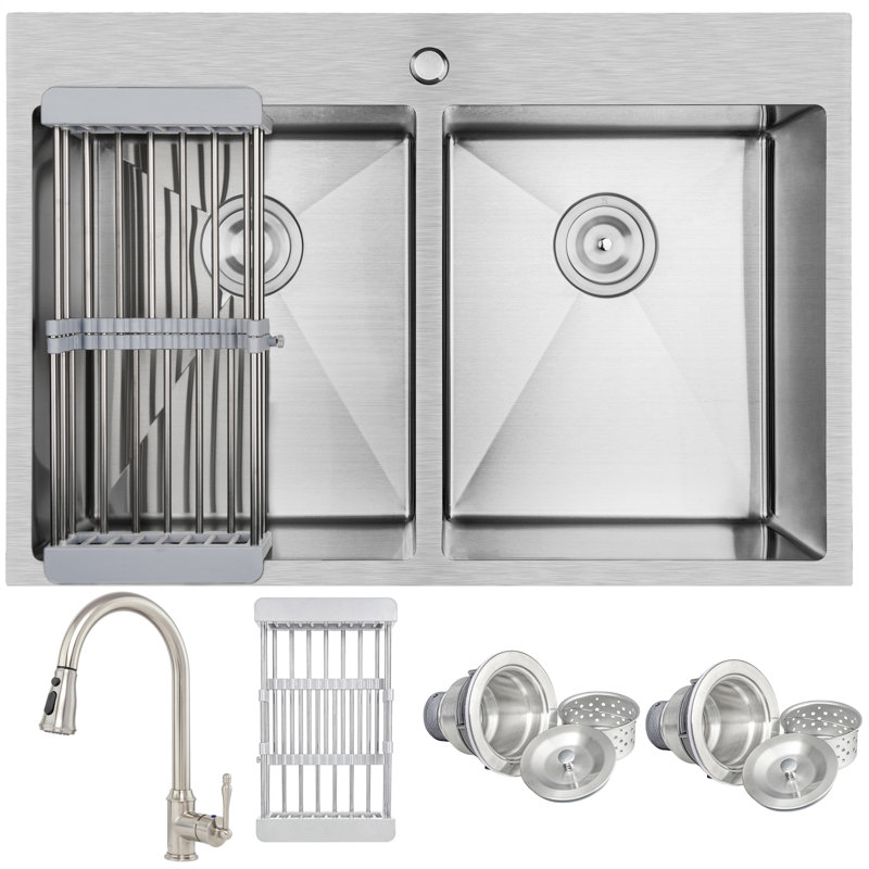 33" L x 22" W Double Basin Drop-In Kitchen Sink with Faucet