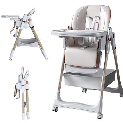Adjustable High Chair 0 - 6 Years, Silent Lockable Wheels, Easy Clean Design, Waterproof Seat, White Space Saving Foldable Seat With One Second Fold, Storage Bag, Ergonomic Shape,