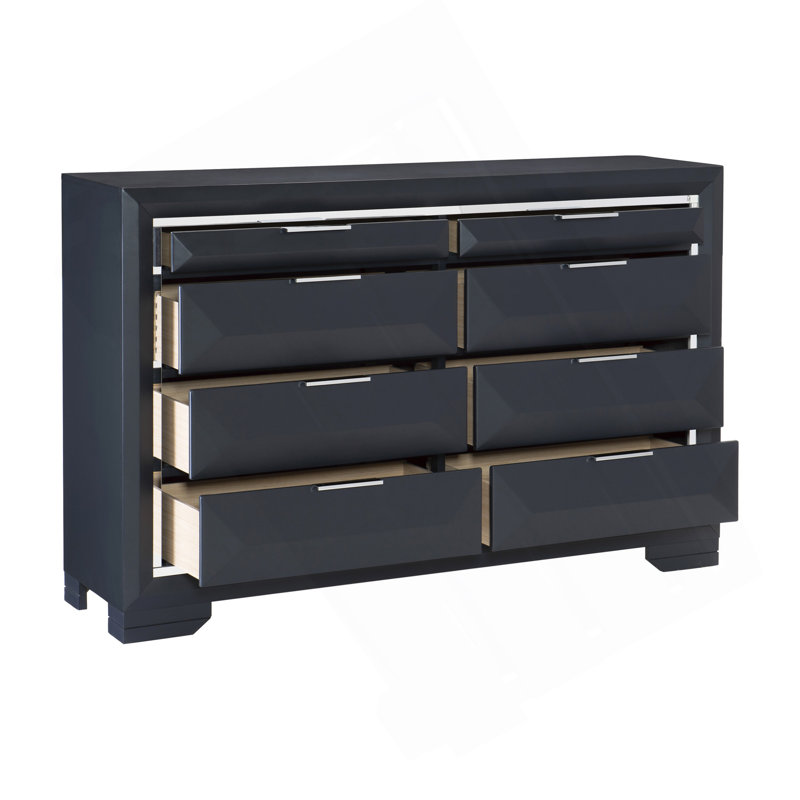 Commode moderne bleue à 8 tiroirs, meuble de rangement avec garniture en acrylique et bois, 1 pièce