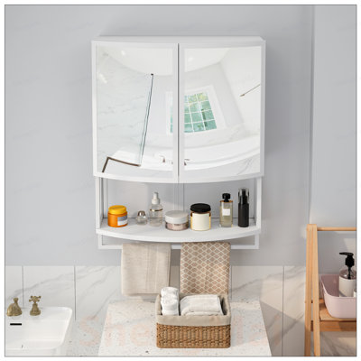 Armoire moderne en verre arqué à double porte avec miroir incassable en verre - rangement double couche, tablette ouverte, porte-serviettes pour l'entrée, le salon, la salle de bain, la salle à manger