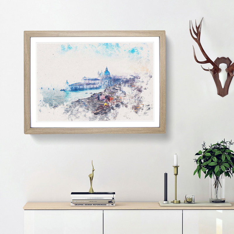 Venice Italy Skyline Watercolour - Framed Print, 33cm H x 45cm W x 2cm D, Oak