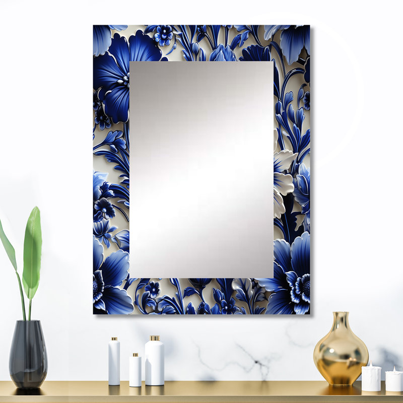 Motif victorien néo-gothique bleu cobalt Lancaster - miroir mural floral, 32 po x 24 po