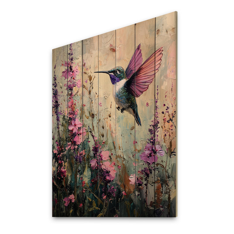 Hummingbird In The Wildflowers II - Bird Wood Wall Decor - On Natural Pine Wood, 20" H x 10" W x 0.78" D