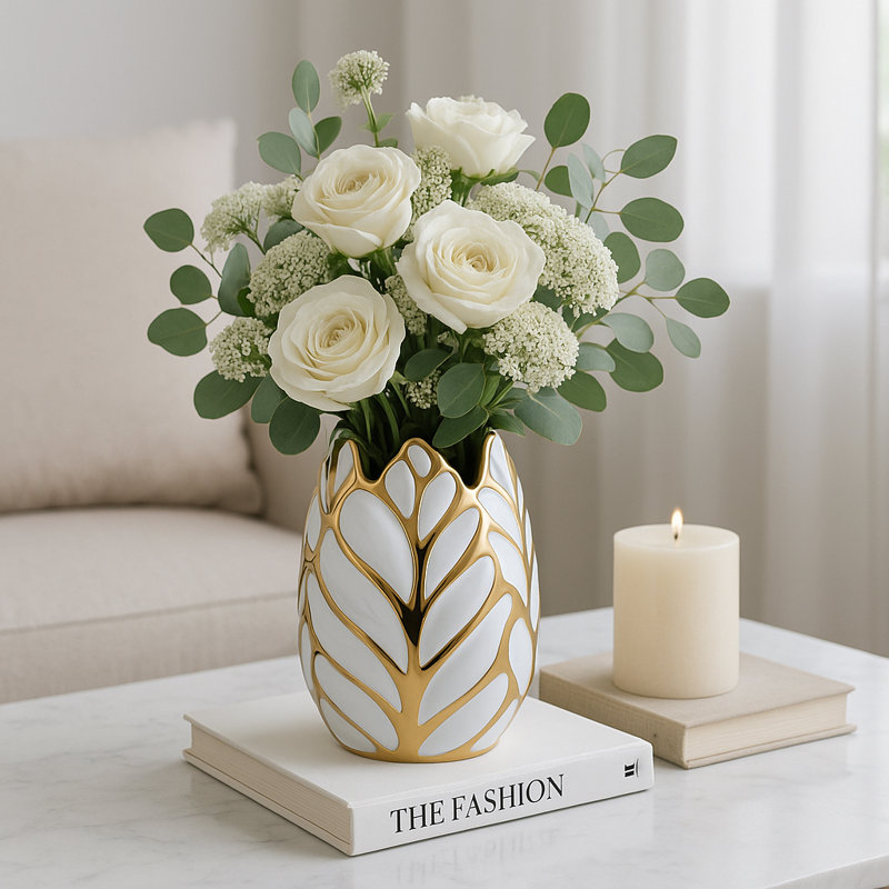 Addington Modern Stoneware Ceramic Vase with Textured Decorative Design, White/Gold