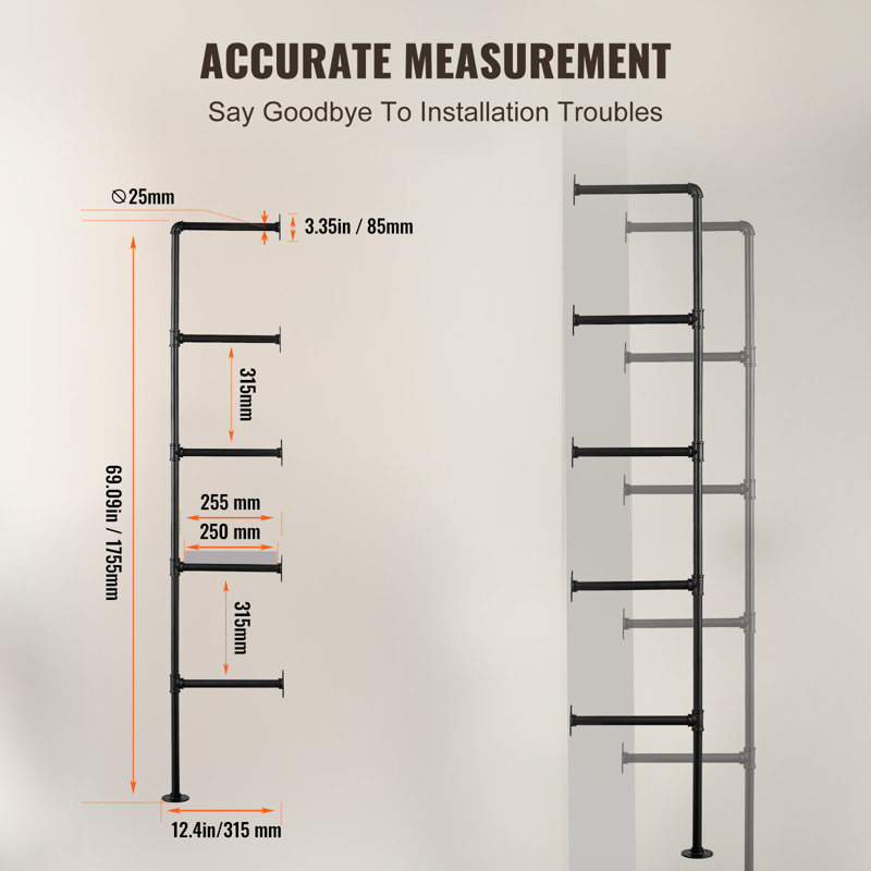 Tablette industrielle à 5 niveaux avec 2 planches murales non incluses, H 69,09 po x l 12,4 po x P 3,35 po