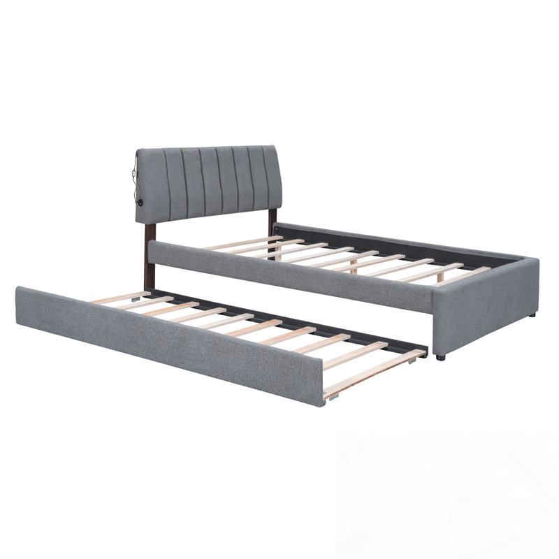 Lit plateforme tapissier avec lit gigogne double Teddy, Gris