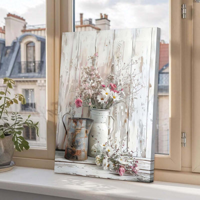 Rustic Farmhouse Floral Canvas Wall Art Elegant White Pink Flower Daisy Poster Prints Vintage Country Floral Picture Wood Grain Painting Pastoral Wall Decor For Living Room Bedroom 12X16in Framed