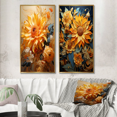 Bleu et jaune tournesols en spirale I - ensemble de 2 impressions sur toile tournesols