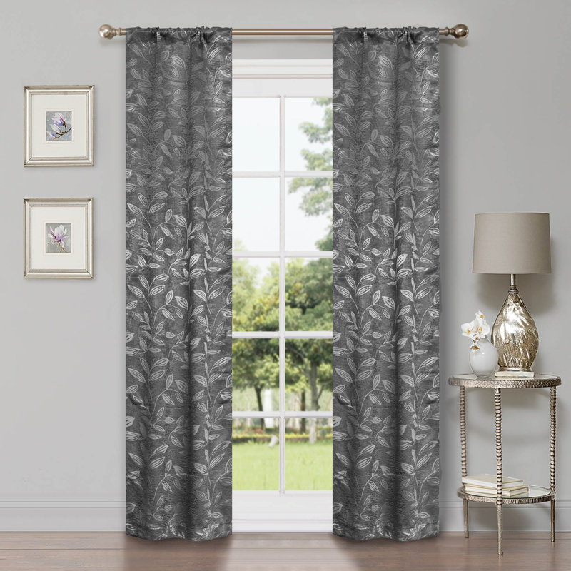  Modern Bohemian Leaves Pattern 100% Polyester Machine Washable Room Darkening Blackout Curtains, Nickel Black, 36" W x 72" L