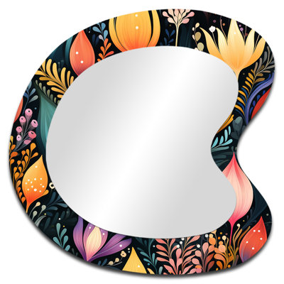 Genesa Abstract Greenery Botanical Pattern - Floral Irregular Shape Decorative Mirror, Cottage Asymmetrical Wall Mirror, Printed Metal Art